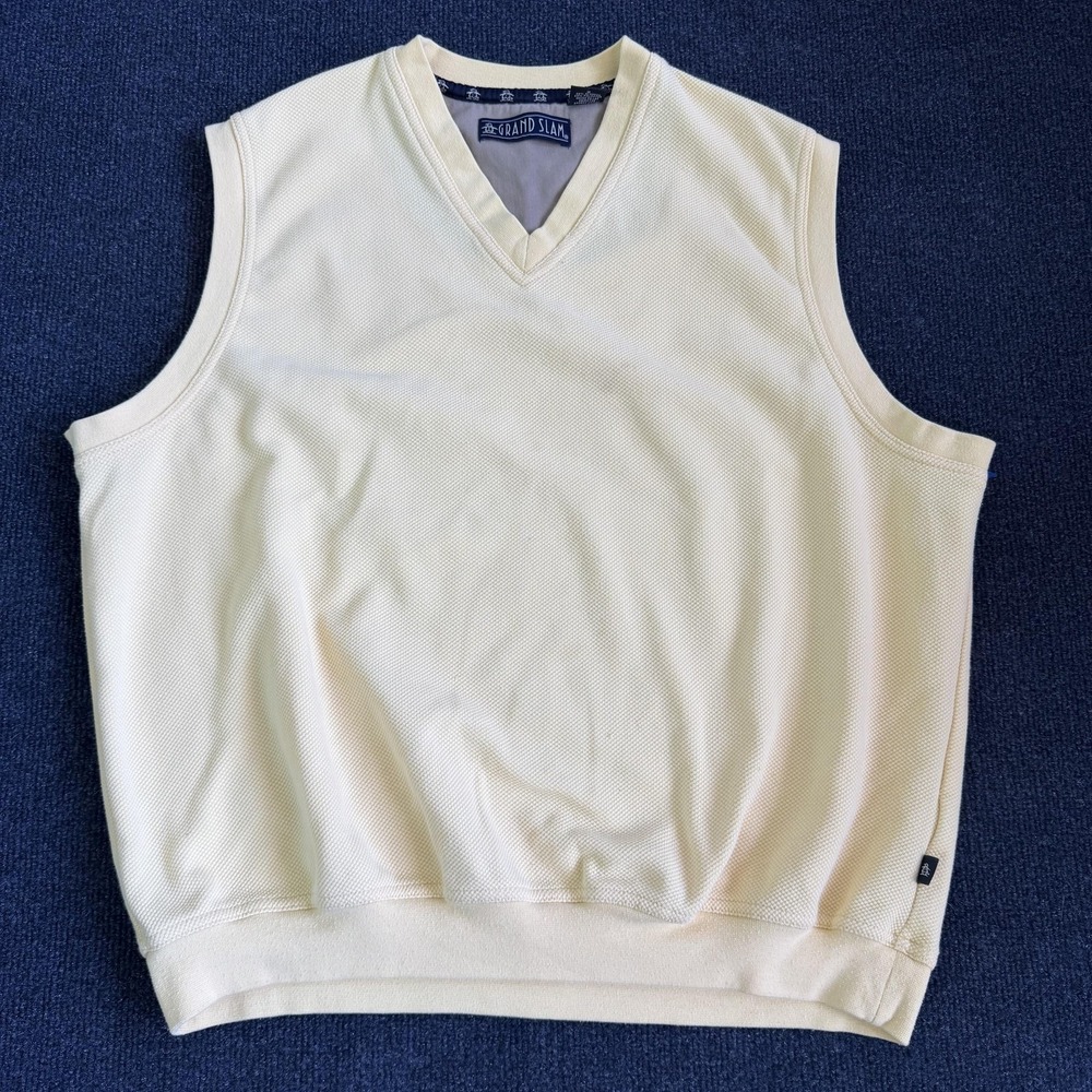 Grand Slam Sweater Vest Mens Large Yellow V Neck Cotton Knit Golf Logo